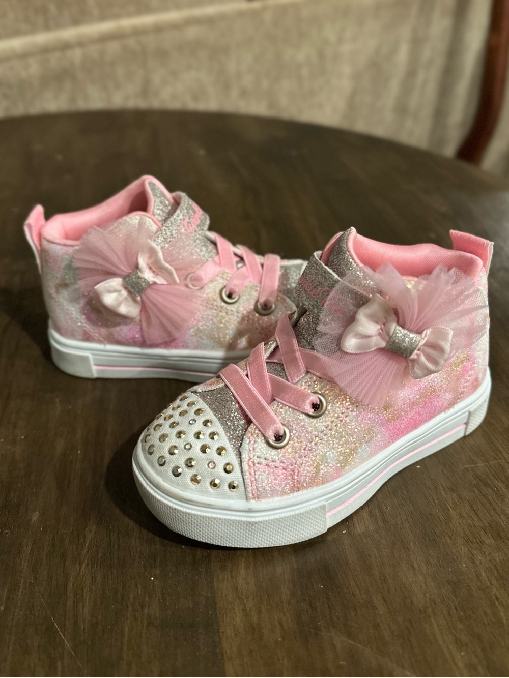 Light Up Skechers Pink Glitter High-Top Sneakers with Bow Accent